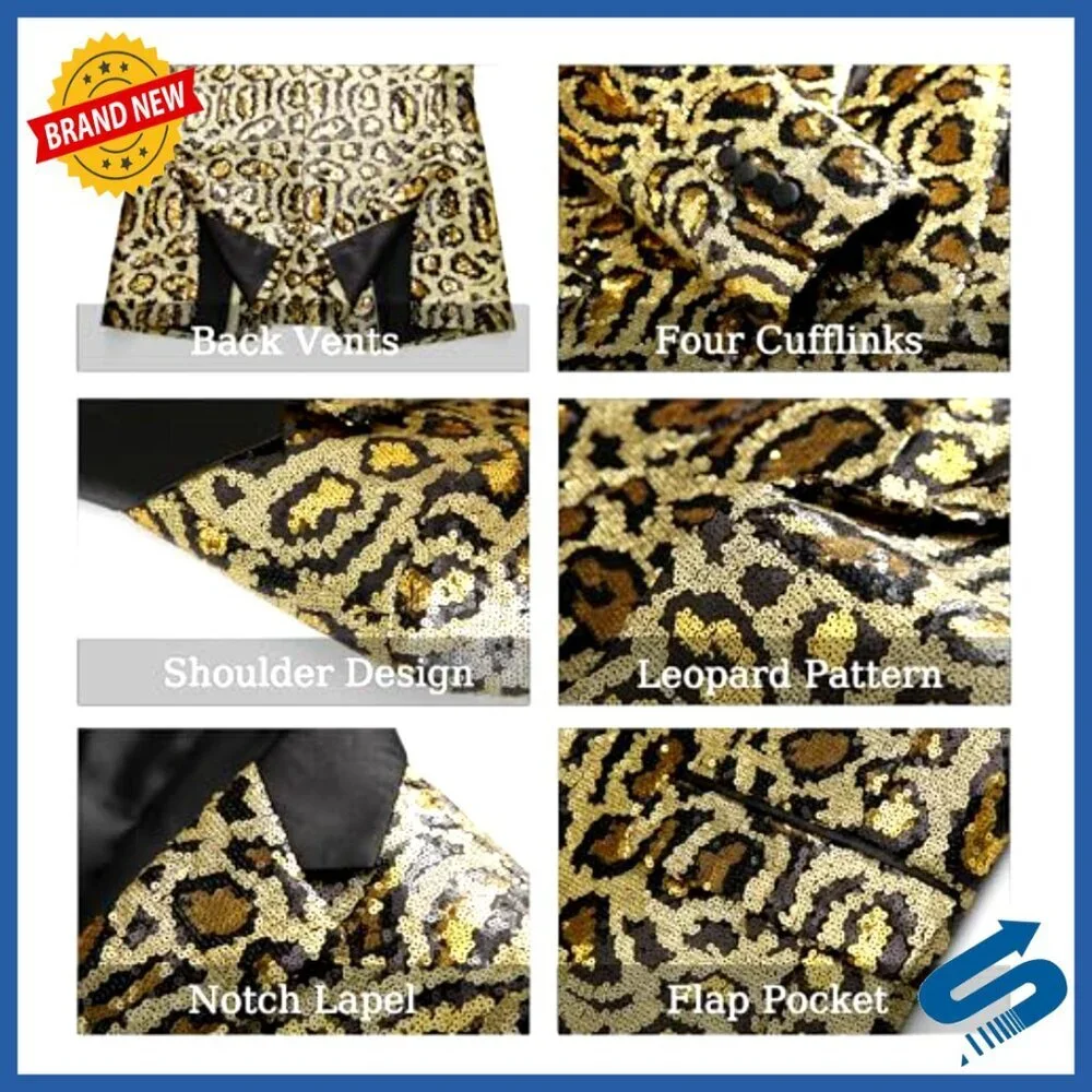 Men's Sequin Blazer Leopard Print Glitter Tuxedo Jacket Party Prom